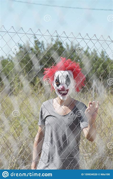 Scary Clown Behind A Fence Stock Photo Image Of Gras 159934520