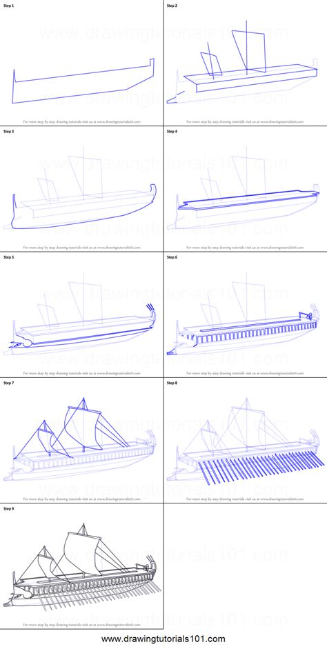 Learning and teaching with children and creativity is very useful. How to Draw Greek Trireme Ship printable step by step drawing sheet : DrawingTutorials101.com