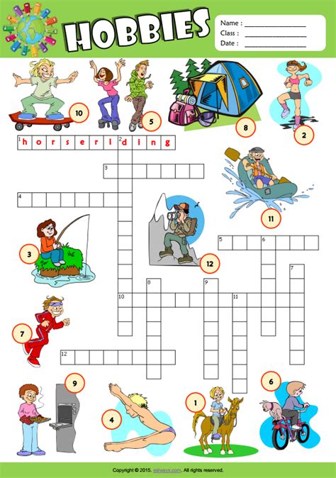 Hobbies Esl Vocabulary Crossword Puzzle Worksheet For Kids