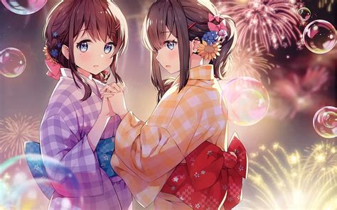 Anime Festival Fireworks Girls Kimono Bubbles Brown Hair For