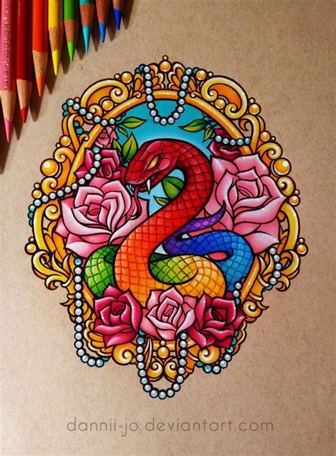 Snake And Roses Commission By Dannii Jo Colorful Art Color Pencil