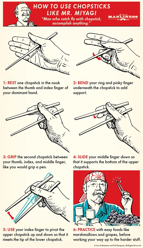 You can go to asian restaurant too eat with a chopstick. How to Use Chopsticks Like Mr. Miyagi | The Art of Manliness
