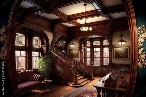 Dark Gothic Mansion Victorian Style Interior With Staircase And Lamp
