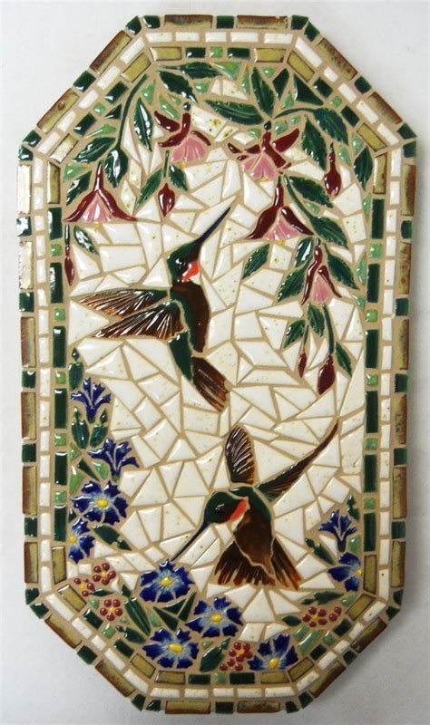 Mosaic Wall Art Handmade Ceramic Tile Humming Birds And Flowers
