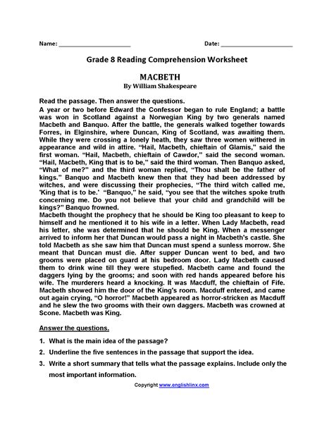 8th Reading Comprehension Worksheets