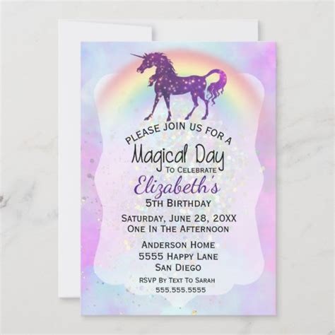 Unicorn Birthday 5th Birthday Girl Rainbow Invitation Uk