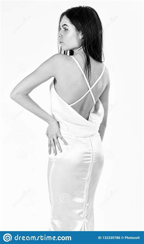 Fashion Wedding Concept Woman In Elegant White Dress With Nude Back White Background Stock