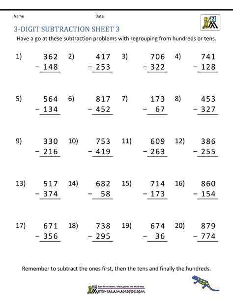 Most problems require regrouping (borrowing). 3 Digit Subtraction Worksheets