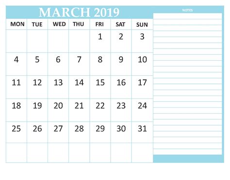 March 2019 Calendar Editable