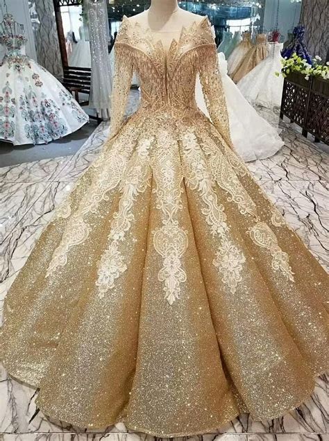 2018 Modern Arabic A Line Gold Wedding Dresses Sweetheart Long Sleeves