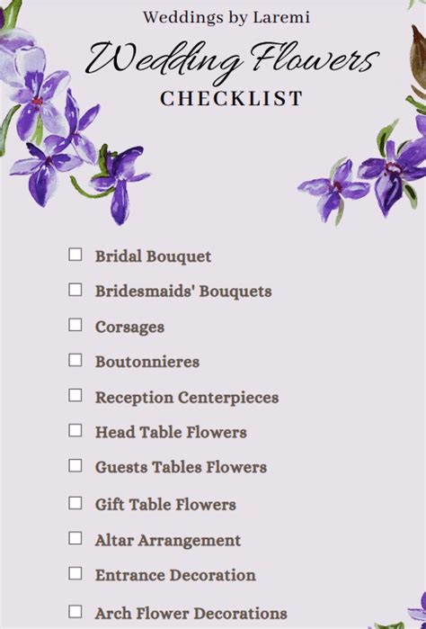 Wedding Flower Checklist Printable Free Template