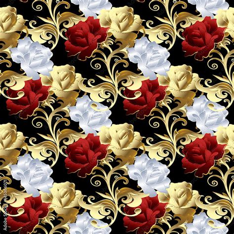Roses Seamless Pattern Floral Black Background Illustration With