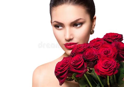 beauty woman with big bouquet of red roses beauty fashion model woman with big bouquet of red