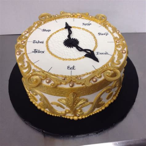 The cake itself is madeira cake with buttercream filling. Retirement Clock Cake in gold and black | Retirement cakes, Retirement party cakes, Retirement ...