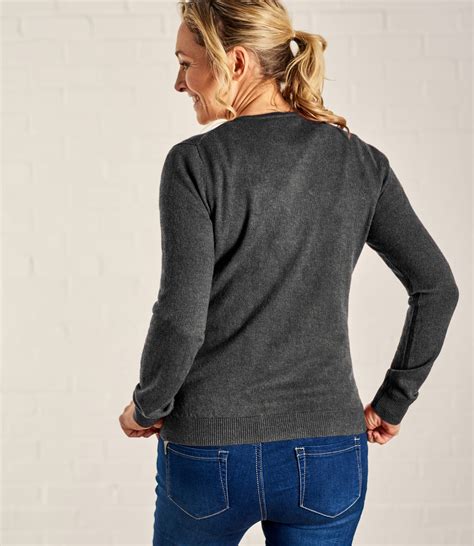 Charcoal Womens Cashmere And Merino Luxurious Crew Neck Cardigan