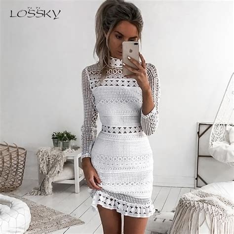 Lossky Sexy White Lace Stitching Hollow Out Party Dresses Elegant Women Short Mini Summer Casual