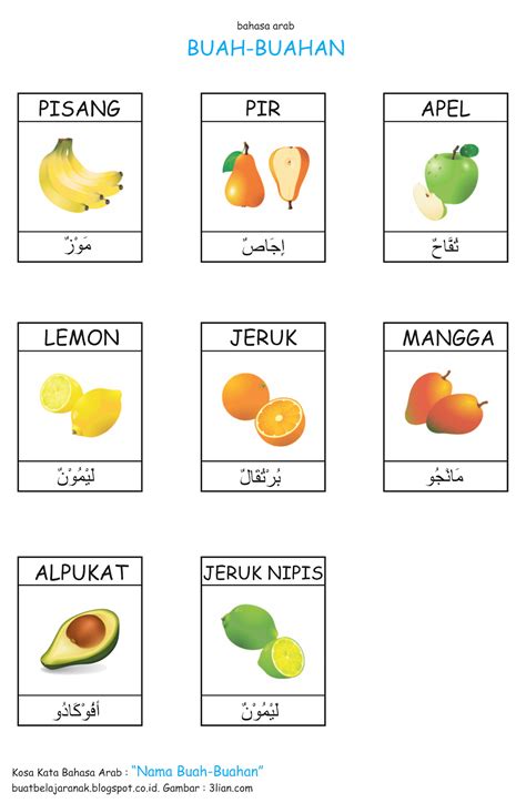 Dalam bahasa arab, ada tiga sapaan berdasarkan waktu: Kosa Kata : Nama Buah-buahan Dalam Bahasa Arab | Buat ...