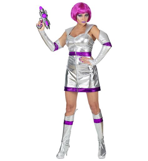 Womens Ladies Space Girl Silver Halloween Fancy Dress Costume Outfit S