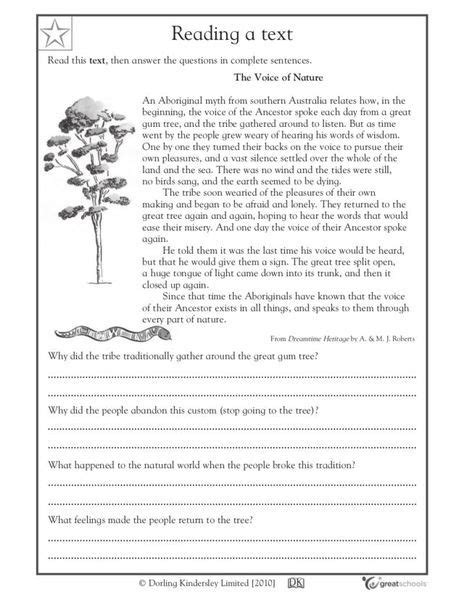 Reading Comprehension Voice Of Nature Worksheet For 4th Grade Lesson
