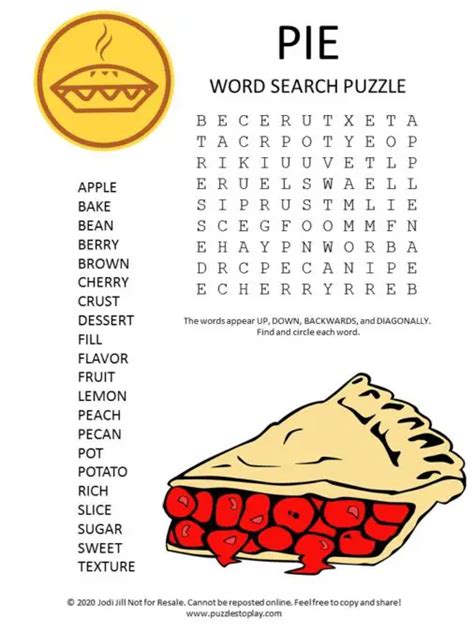 Pie Word Search Puzzle Puzzles To Play