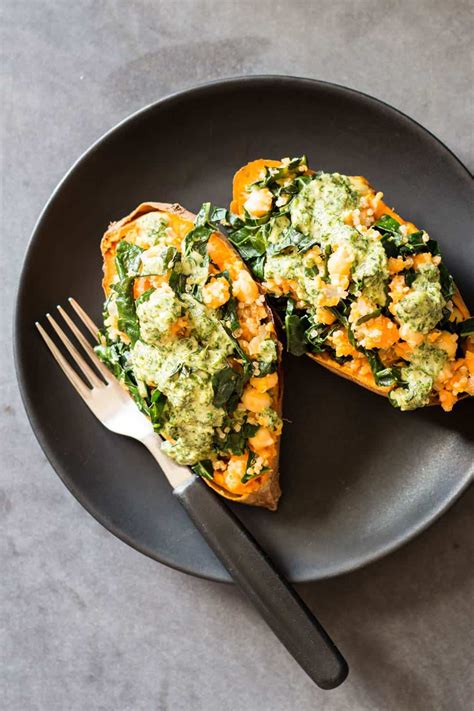 Whenever we're having sweet potatoes for dinner, i always cook so when you make this scrumptious recipe for quinoa stuffed sweet potatoes, you should stick a few extra sweet potatoes in the oven and make. Kale Quinoa Stuffed Sweet Potatoes - Green Healthy Cooking