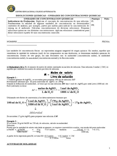 Guia N°1 Unidades De ConcentraciÓn Quimica Ii AÑo Medio Química