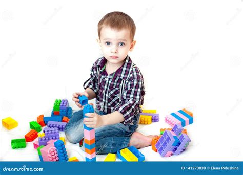 Baby Boy Playing With Blocks Toys Isolated On White Background Stock