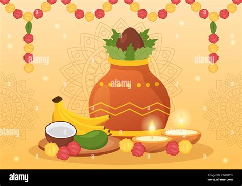 Happy Tamil New Year Illustration With Vishu Flowers Pots And Indian
