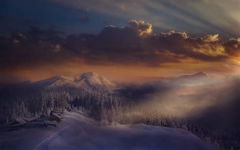 Landscape Nature Sunset Winter Mist Alps Mountain