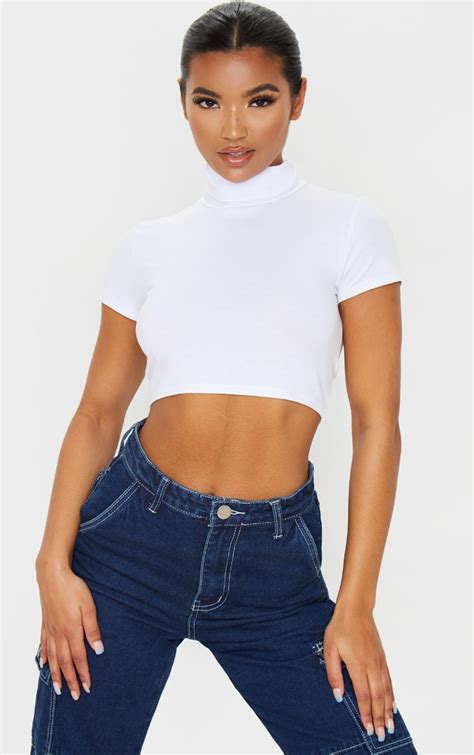 Basic White Jersey High Neck Crop Top Tops Prettylittlething Uae