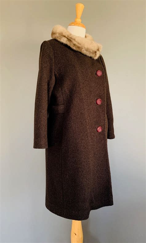 Vintage 60s Brown Wool Fur Collar Button Front Coat By Carol Brent