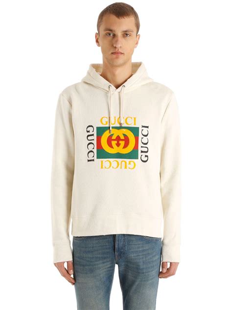 Gucci Logo Printed Cotton Sweatshirt Hoodie In Natural For Men Lyst