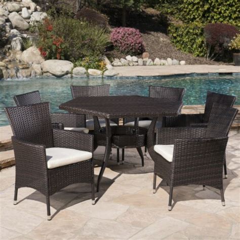 Delilah Outdoor 7 Piece Wicker Hexagon Dining Set With Stacking Chairs