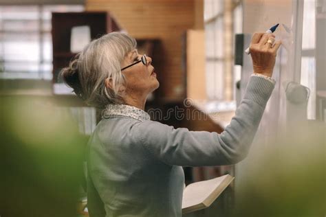 Senior Female Lecturer Writing On Board Stock Image Image Of Teacher