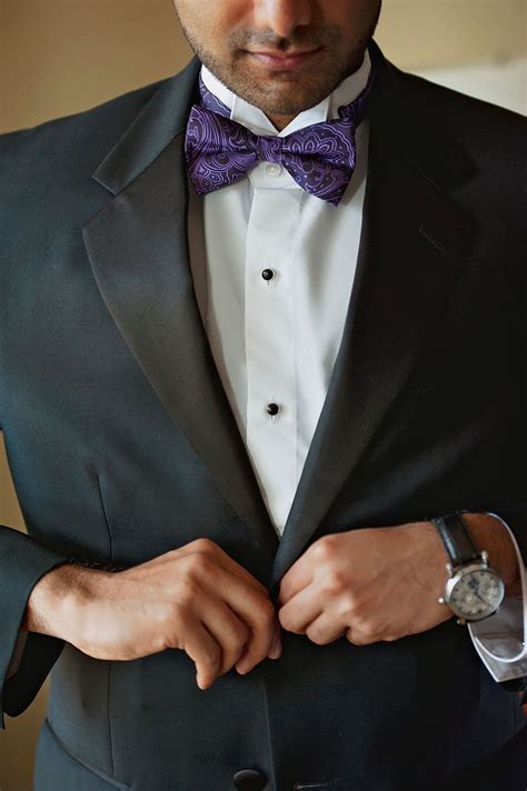 Classic Black Tuxedo And Purple Paisley Bow Tie