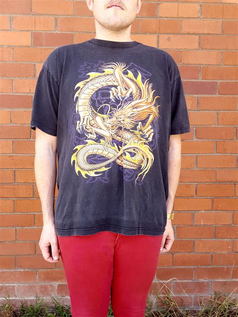 Vintage 90s Gold Dragon Tribal T Shirt Distressed Asian Design