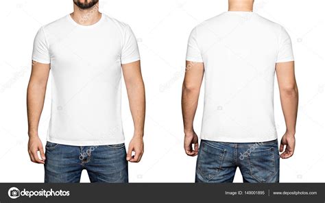 White T Shirt On A Young Man White Background Front And Back Stock
