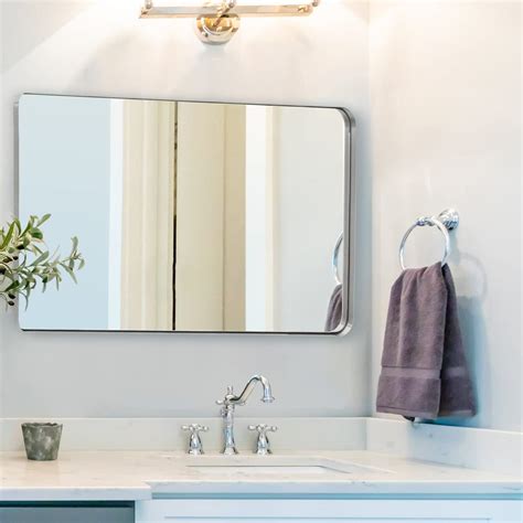 Andy Star Brushed Nickel Bathroom Mirror 24”x40” Rounded Corner Rectangle Mirror Modern Metal