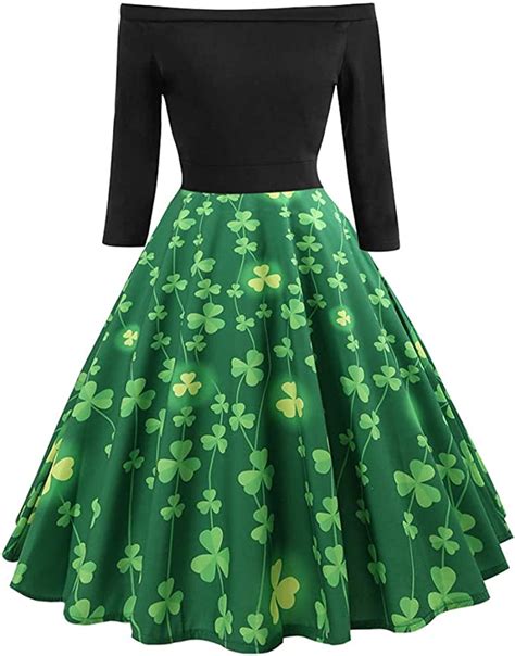 🍒 Spring Color 🍒 Womens Off Shoulder Shamrock Print Cocktail Midi Dress For St Patricks Long