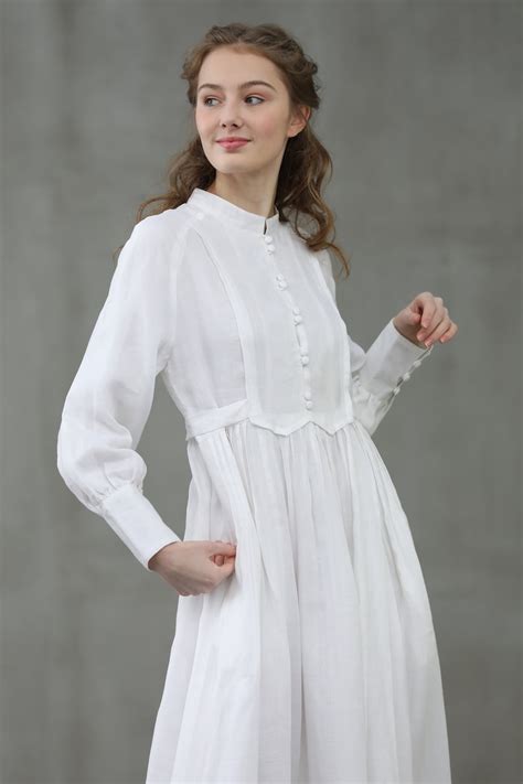 White Linen Dress Maxi Linen Dress Puff Sleeve Pleated Etsy Canada