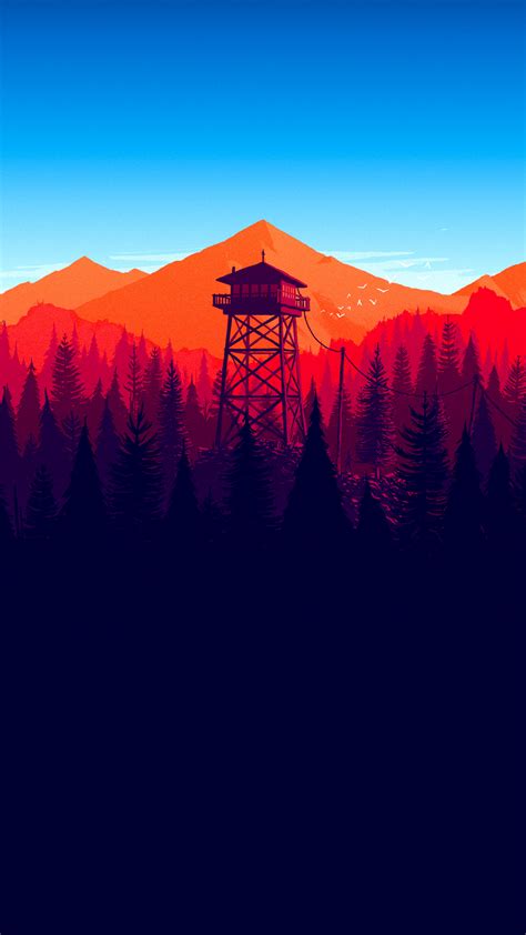 A Tall Tower Sitting In The Middle Of A Forest Next To A Red And Blue Sky