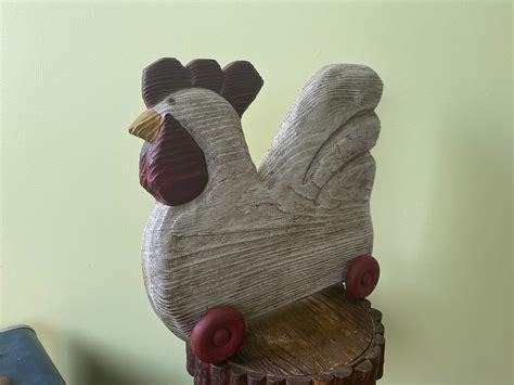 Wooden Rooster On Wheels Large Vintage Farmhouse Decor Hand Carved Folk
