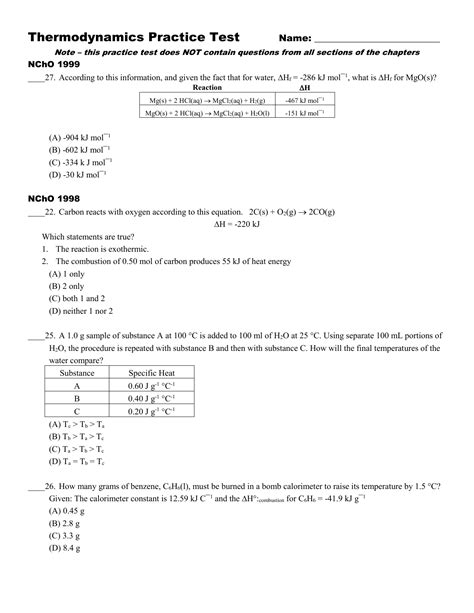 Thermodynamics Practice Test