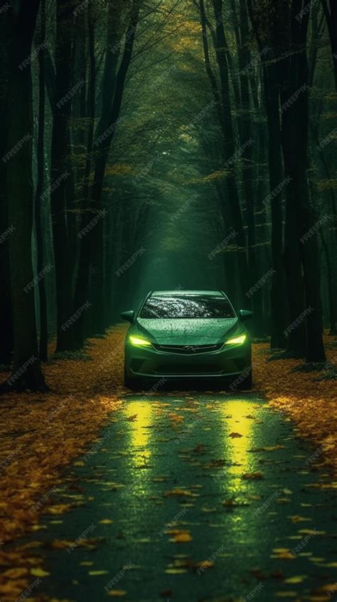 Premium Ai Image Arafed Car Driving Down A Road In A Forest With