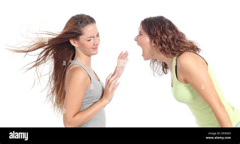 Woman Shouting Angry To Another One Isolated On A White Background