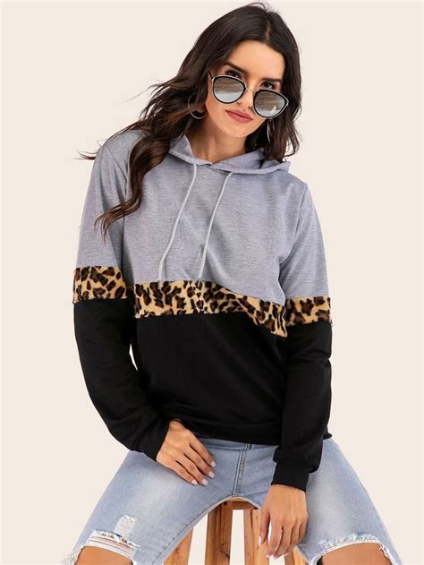 Contrast Panel Leopard Drawstring Hoodie Hoodies Fashion Casual