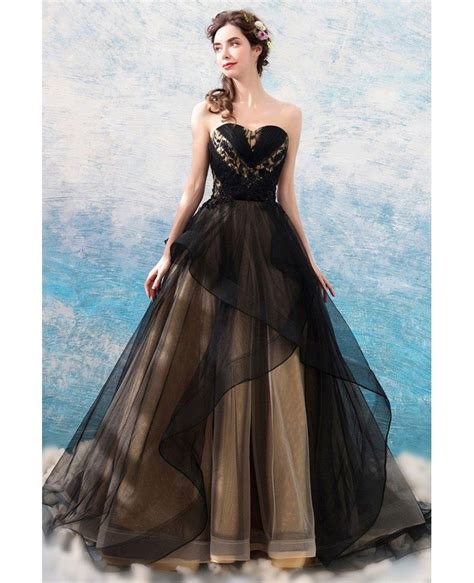 fancy black ruffles ball gown tulle formal dress strapless wholesale t69251