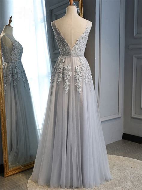 V Neck Backless Gray Lace Long Prom Dresses Gray Lace Formal Graduation Evening Dresses Gray