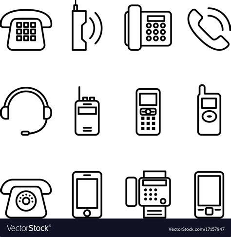 Telephone Smart Phone Fax Icon Set In Thin Line Vector Image