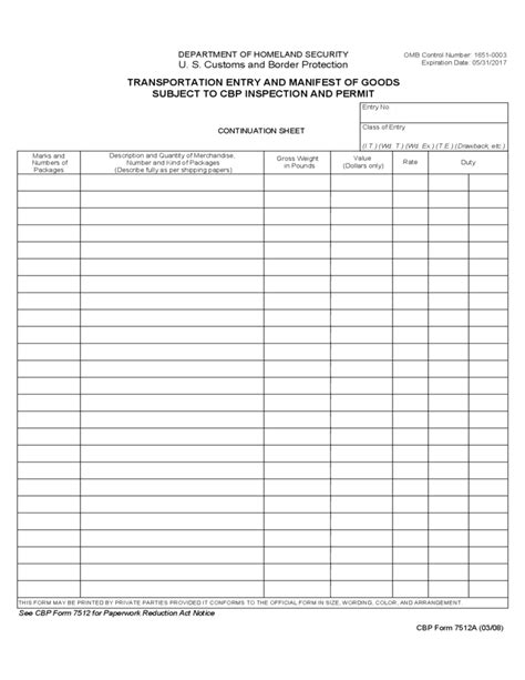 Cbp Form 7512a Transportation Entry And Manifest Of Goods Free Download